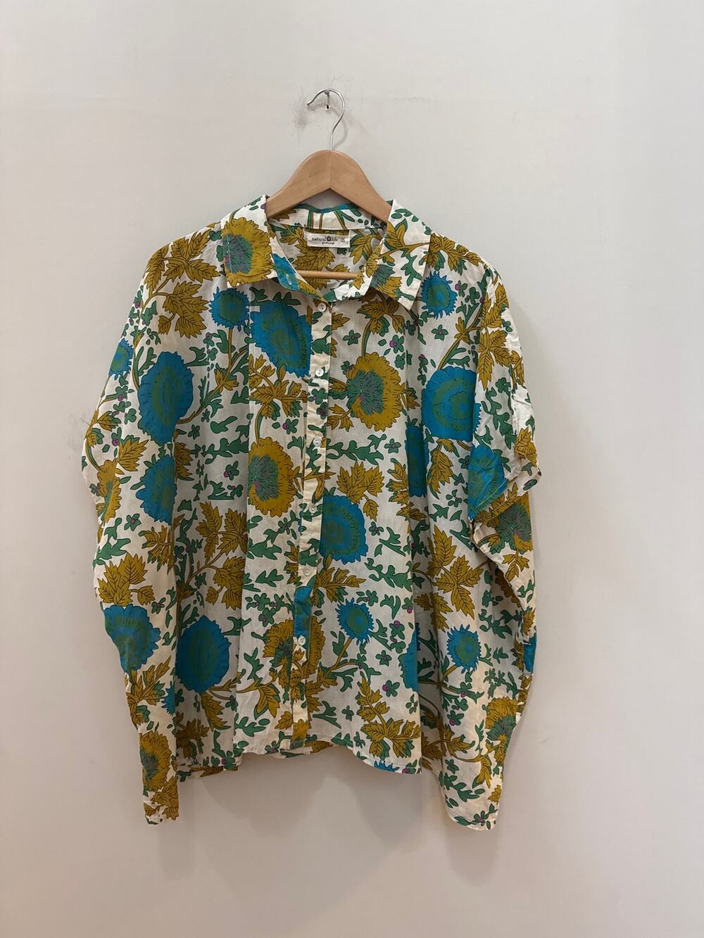 Natural Life Floral All Over Print Cotton Cape Poncho Shirt Blue Green One Size